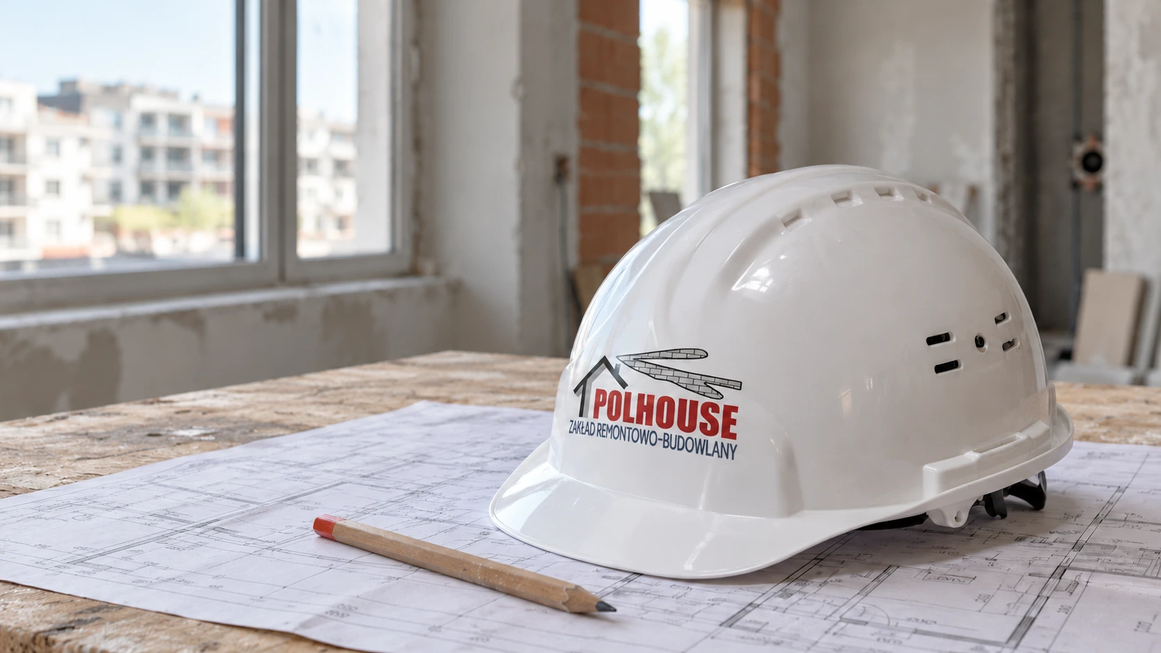 Kask z logo POLHOUSE na planach budowlanych